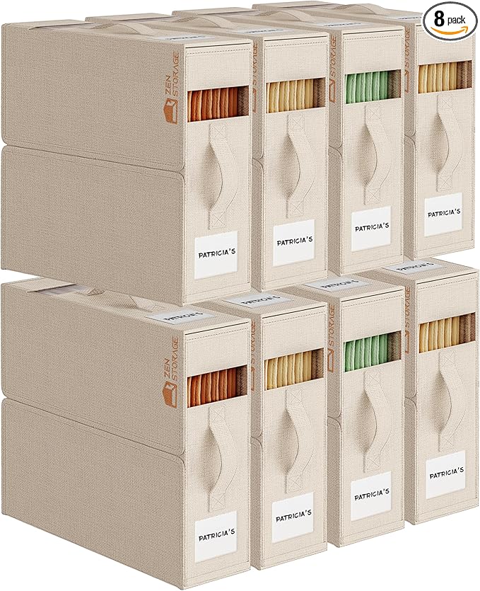 8Pack Sheet Organizers for Linen Closet - King/Queen Size Bedding Storage Boxes with Clear Window | Foldable, Dustproof Linen Organizer for Blankets & Sheet Sets,Beige