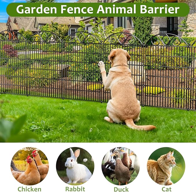 8 Panels No Dig Tall Garden Fence with Gate – 48" H X 21' L Rustproof Metal Dog Fence Outdoor for Yard, Decorative Animal Barrier Fence for Pet, Garden Border, Patio, Flower | Temporary Fencing