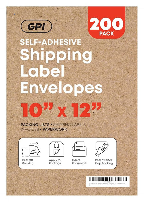 100 Count 10" x 12" Shipping Label Envelopes, Clear Packing List Pouches with Self-Adhesive Back, Top Loading for Shipping Labels Sleeves, for Packing Slips, Labels Invoices & Paperwork. GPI