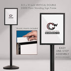 Crowd Control Warehouse Pedestal Standing Floor Sign Frame with Sloped Base, 8.5x11 Inch Vertical, Polished Brass