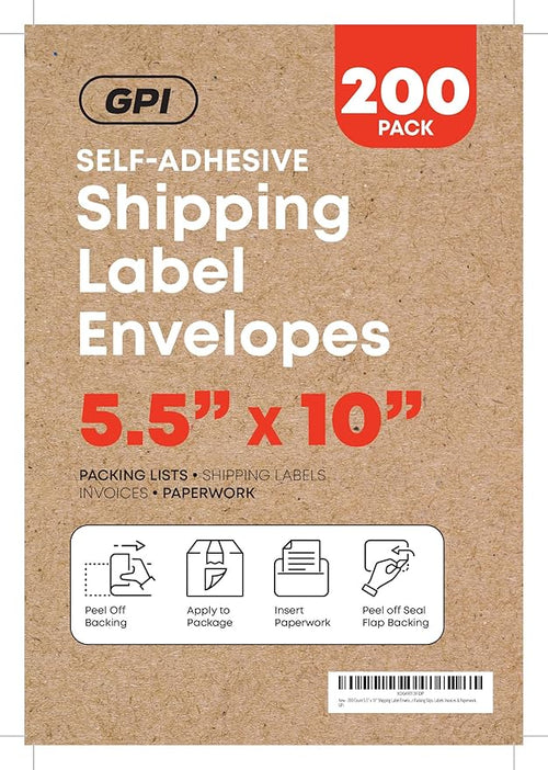 100 Count 5.5" x 10" Shipping Label Envelopes, Clear Packing List Pouches with Self-Adhesive Back, Top Loading for Shipping Labels Sleeves, for Packing Slips, Labels Invoices & Paperwork. GPI
