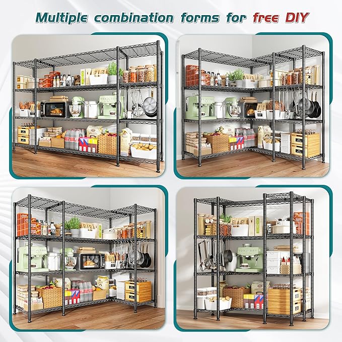 REIBII 78.4''W Wire Shelving Garage Shelving Unit Load 1500LBS,4 Tier Metal Shelving with Adjustable Metal Shelf Storage Shelves for Pantry Shelves Commercial Shelf Kitchen Garage 11.8''Dx59''H