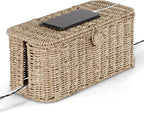 BLUEWEST Large Cable Management Box, Natural Rattan Cable Cord Organizer Boxes for Power Strip – 2 Open Slots Cords Hider Box for TV Wires, Computer, Router, USB Hub and Under Desk Power Strip