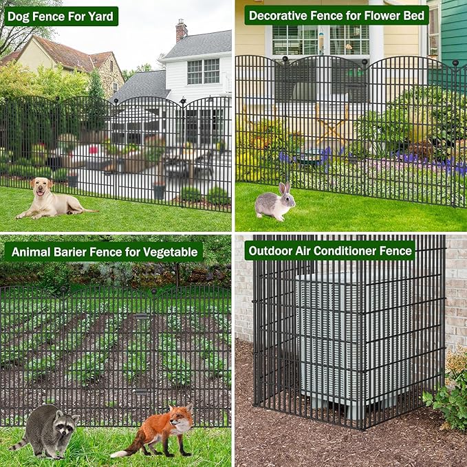 No Dig Decorative Garden Fence 4 Panels with Gate, 48 in (H) x 10.4 ft (L), Dog Fence Outdoor for Yard，Rustproof Metal Animal Barrier Ground Stakes Fencing for Garden, Patio, Flower Bed