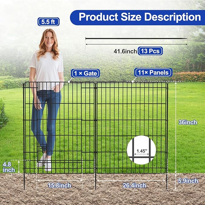 INJOPEXI Decorative Garden Fence 12 Panels 26ft (L)×36in (H) Garden Fences Outdoor with 11 Panels + 1 Gate, Animal Barrier Rabbit Fencing Rustproof Metal Wire Temporary Dog Fence for Yard Lawn Park