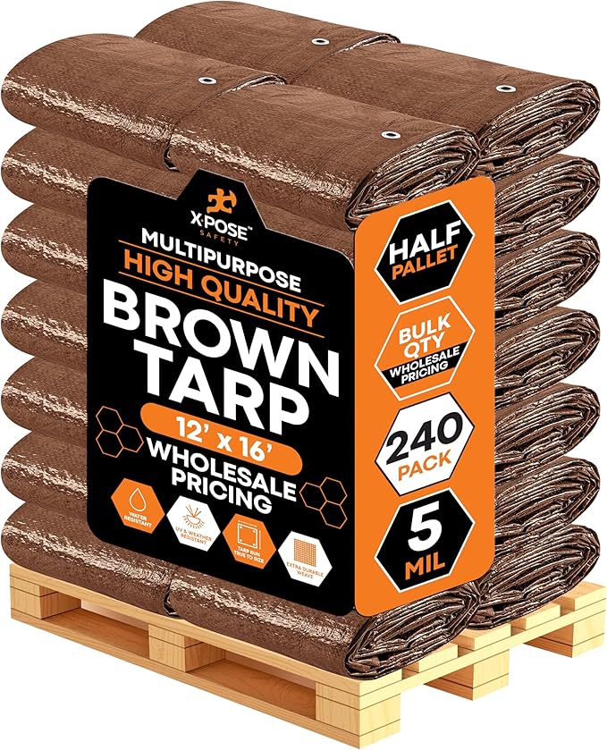 Multipurpose Protective Cover Brown Poly Tarp 12' x 716- Bulk Half Pallet (240 Pack) Durable, Water Resistant, Weather Resistant - 5 Mil Thick Polyethylene - by Xpose Safety