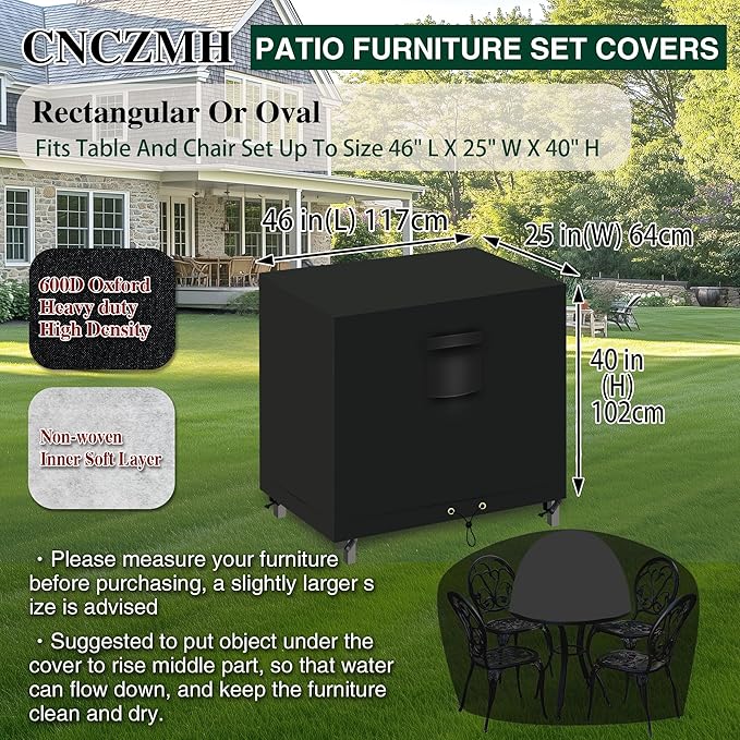 Heavy Duty Patio Furniture Covers Waterproof, 600D Outdoor Furniture Cover Waterproof for Sectional Sofa Couch, Outdoor Dining Table and Chair Set Covers 46''L x 25''W x 40''H, Black