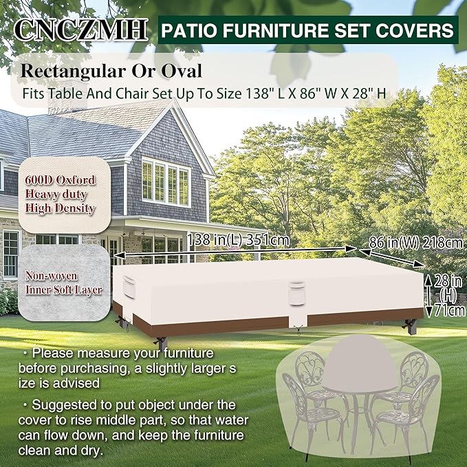 Heavy Duty Patio Furniture Covers Waterproof, 600D Outdoor Furniture Cover Waterproof for Sectional Sofa Couch, Outdoor Dining Table and Chair Set Covers 138''L x 86''W x 28''H, Beige Brown