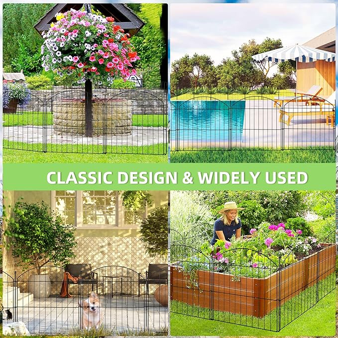 Decorative Garden Fence 24in (H) x10ft (L), 5 Pack No Dig Fence Animal Barrier for Dog with Lock, Arched Flower Bed Edging, Wire Border Panel Fencing for Yard Patio Outdoor Decor