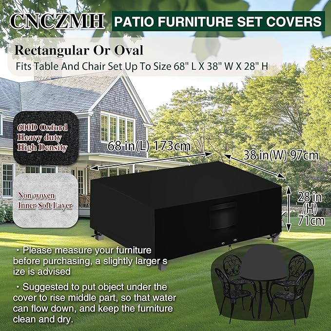 Heavy Duty Patio Furniture Covers Waterproof, 600D Outdoor Furniture Cover Waterproof for Sectional Sofa Couch, Outdoor Dining Table and Chair Set Covers 68''L x 38''W x 28''H, Black