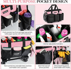 Rolling Cleaning Caddy, Cleaning Supplies Organizer with Trolley, Wearable Cleaning Tote Bag on Wheels with Hard Bottom, Cleaning Carts for Housekeepers/Home/Car/Office/Picnic (Pink)