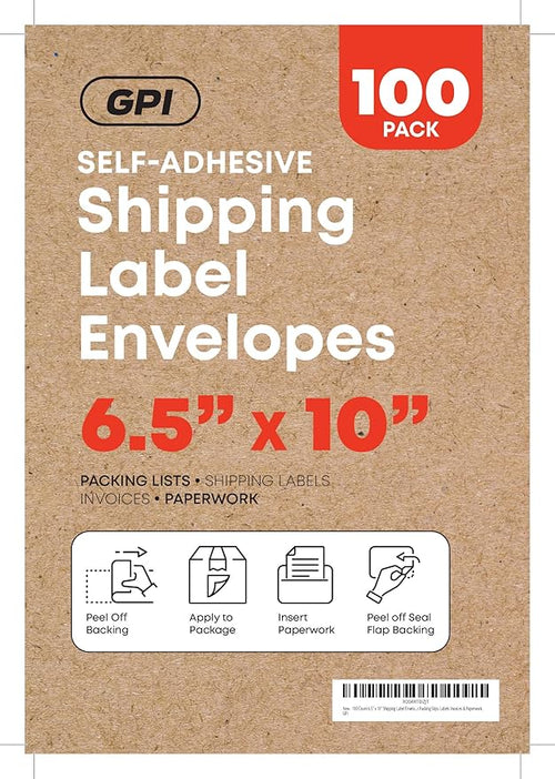 100 Count 6.5" x 10" Shipping Label Envelopes, Clear Packing List Pouches with Self-Adhesive Back, Top Loading for Shipping Labels Sleeves, for Packing Slips, Labels Invoices & Paperwork. GPI