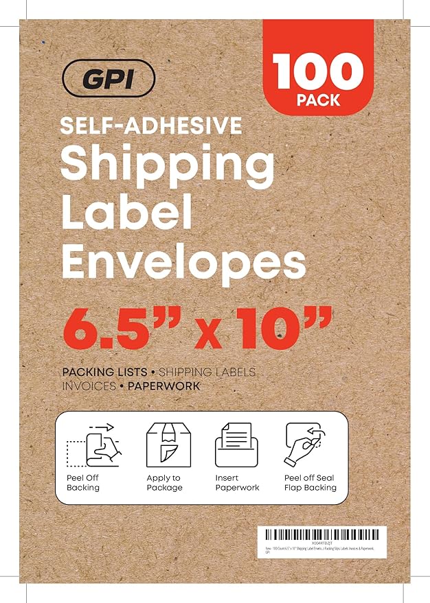 2000 Count 6.5" x 10" Shipping Label Envelopes, Clear Packing List Pouches with Self-Adhesive Back, Top Loading for Shipping Labels Sleeves, for Packing Slips, Labels Invoices & Paperwork. GPI