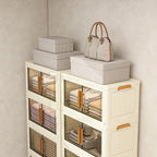 Plastic Stackable Storage Bins with Lids and Wheels, 148.8QT-37.2QT*4Tier Foldable Storage Containers and Collapsible Clear Storage Cabinet with Doors Ivory White