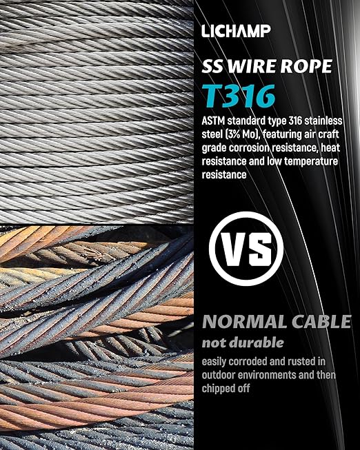 Lichamp 350FT 1/8" Stainless Steel Wire Rope Cable, Aircraft 316 SS Braided Steel Wire Thin Metal Cable Hardware for Deck Railing Handrail Safety System, SSC350