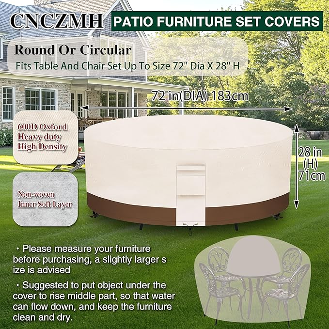 Heavy Duty Patio Furniture Covers Waterproof, 600D Round Outdoor Furniture Cover Waterproof for Sectional Sofa Couch, Outdoor Dining Table and Chair Set Covers 72"DIA x 28"H, Beige Brown