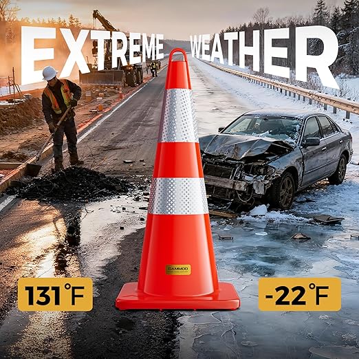 6 Pack 28 Inch Traffic Cones, from -22℉ to 131℉, MUTCD-Compliant Orange Safety Cone with Reflective Collar ＆ Extra Caution Tape for Parking Lot, Construction Work, Road Safety