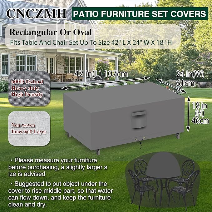 Heavy Duty Patio Furniture Covers Waterproof, 600D Outdoor Furniture Cover Waterproof for Sectional Sofa Couch, Outdoor Dining Table and Chair Set Covers 42''L x 24''W x 18''H, Grey