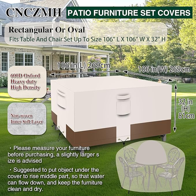 Square Heavy Duty Patio Table Covers Waterproof, 600D Outdoor Dining Table and Chair Set Covers, Outdoor Furniture Cover Waterproof for Sectional Sofa Couch 106''L x 106''W x 32''H, Beige Brown