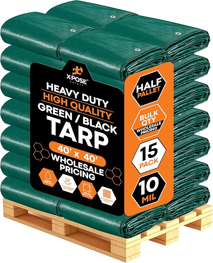 Heavy Duty Poly Tarp 40' x 40' - Bulk Half Pallet (15 Pack) Thick Waterproof, UV Blocking Protective Cover - Reversible Green & Black - 10 Mil Thick Polyethylene - by Xpose Safety