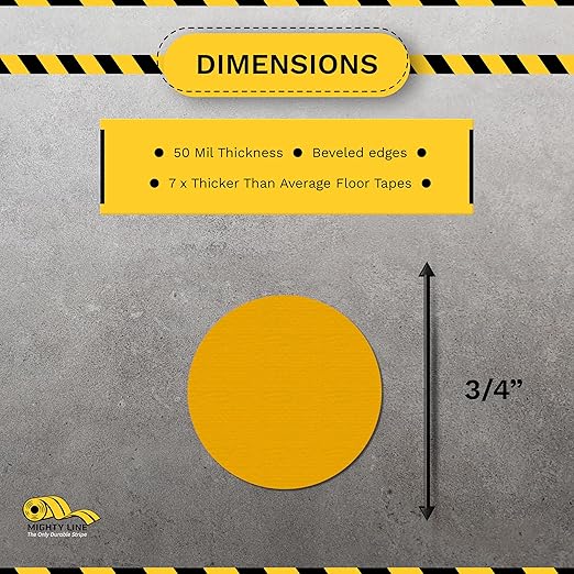 Mighty Line 3/4" Solid Dot Shaped Floor Marking Tape for Safety, Caution, Warning, Heavy-Duty, Peel and Stick, Adhesive Circle Spots, Industrial Quality, Yellow, Pack of 200