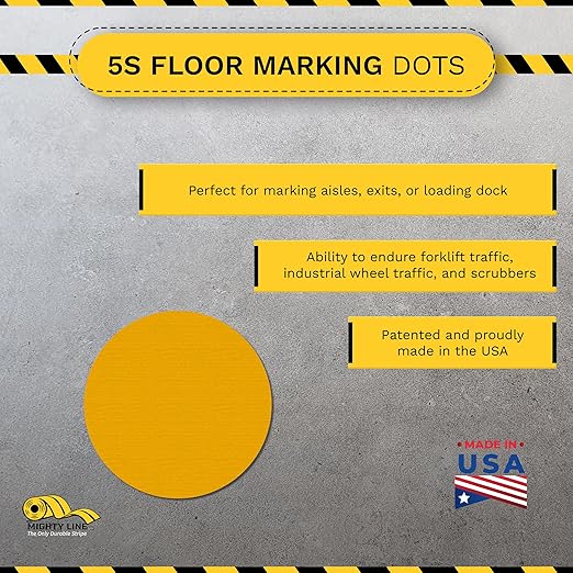 Mighty Line 2.7" Solid Dot Shaped Floor Marking Tape for Safety, Caution, Warning, Heavy-Duty, Peel and Stick, Adhesive Circle Spots, Industrial Quality, Yellow, Pack of 100
