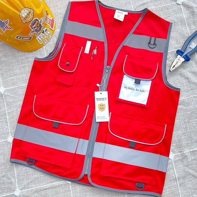 TCCFCCT Reflective Safety Vest 9 Pockets High Visibility Vest for Men Women, Hi Vis Construction Work Vest with Reinforced Sewing, Durable to Use, Meets ANSI/ISEA Standards, (Red, 5X-Large)