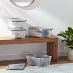 Amazon Basics Plastic Storage Containers with Secure Latching Lids, Stackable Organization Bins, Clear/Grey, 12 Quart, Set of 6