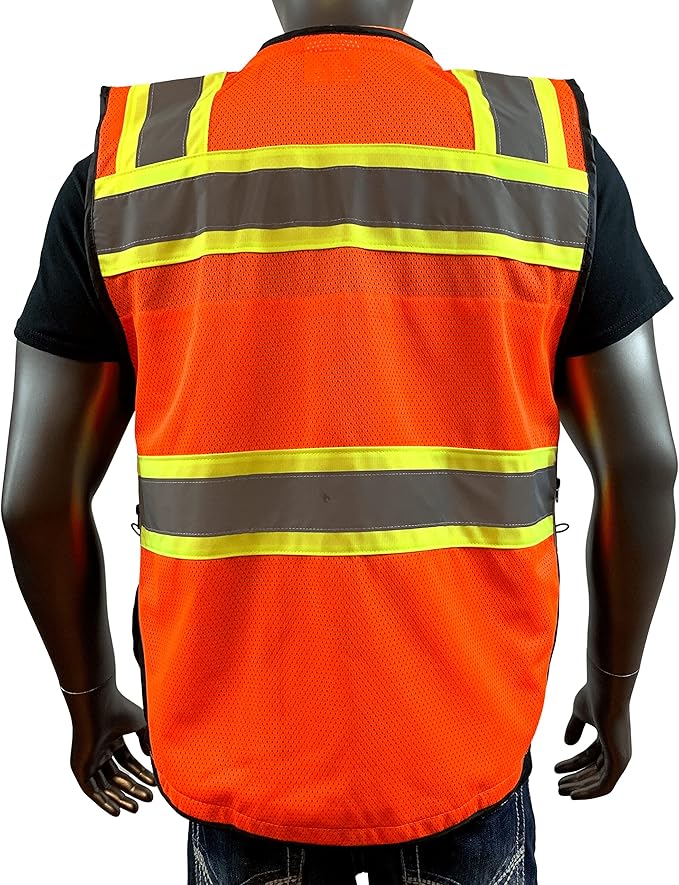 (C Vest For Mens Black Series Safety Vest With Zipper and Utility Pockets Premium Black Series Surveyors Vest (Medium, Orange/Black)