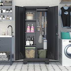 61" H Broom Closet Cabinet, Metal Storage Cabinet with Lockable Doors and Pegboard, Utility Closet for Brooms and Mops, Tool Cabinets for Home Office, Laundry Room, Garage, Workshop