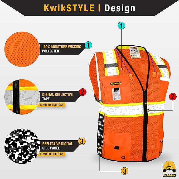 KwikSafety - BIG KAHUNA DIGITAL Safety Vest [LIMITED EDITION] Class 2 ANSI OSHA Reflective Vest Durable High Visibility Vest Construction Safety Vest for Men Industrial Work Gear/Orange 2XL