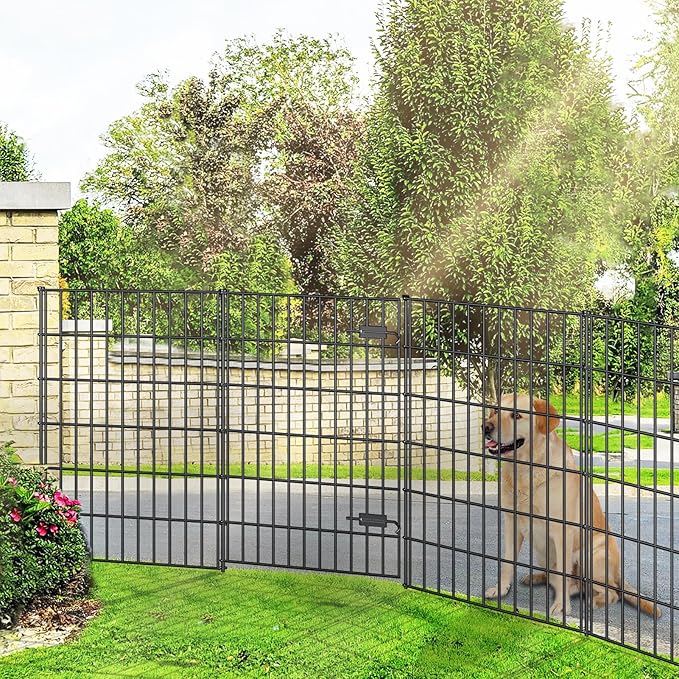 Metal Garden Fence with Gate 40in (H) x 18.7ft (L), 1 Gate + 7 Panels Dog Fence Border Fence Animal Barrier, No Dig Garden Fencing for Yard Flower Bed Lawn Patio Outdoor, PIN402808G Black