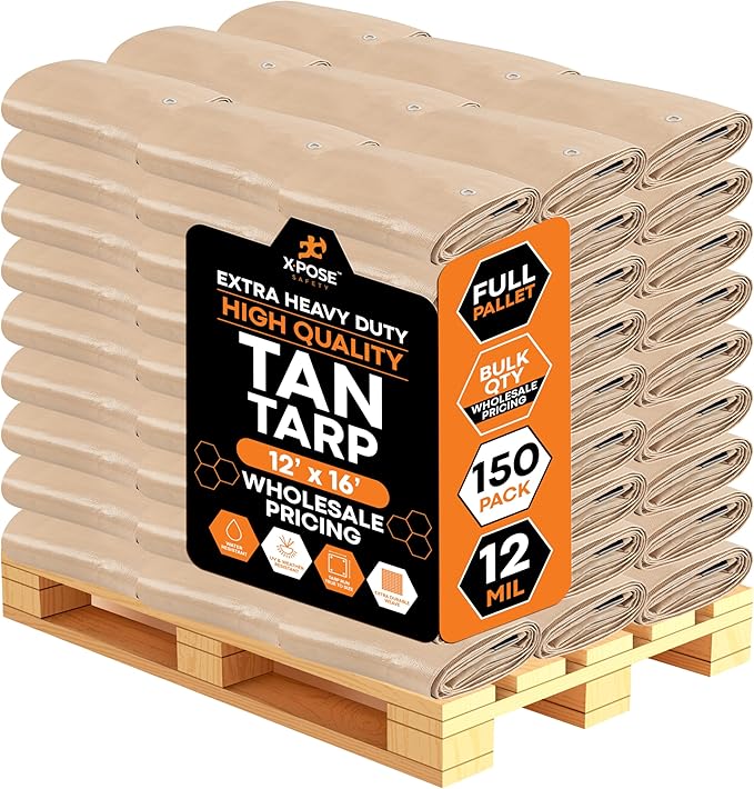 Heavy Duty Tan Poly Tarp 12' X 16' - Bulk Full Pallet (150 Pack) - Multipurpose Protective Cover - Durable, Weather Proof & Tear Resistant - 12 Mil Thick Polyethylene - by Xpose Safety