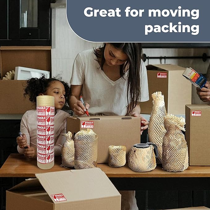 Bubble Wrap Substitute - Honeycomb Packing Paper 15''x280', Cushioning Wrap Moving, Shipping, Packing for Glassware, Plates, Cups with 36 Fragile Sticker Labels