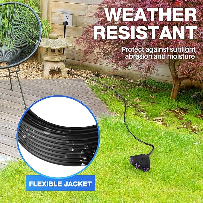 Outdoor Extension Cord 25 FT with 3 Outlets, 3 Prong 90 Degree Angled Plug, 12/3 Heavy Duty 12 Gauge Power Cable, 12AWG, SJTW, 15A, 125V, 1875W, ETL Listed, Black Wire, with Free Carrying Strap+Ties