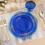 350PCS Clear Blue Plastic Plates for 50 Guests, Disposable Plates with Gold Trim include 50 Dinner and Dessert Plates, 150 Gold Silverware, 50 Cups, 50 Napkins for Party, Wedding & Graduation