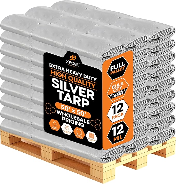 Heavy Duty Silver Poly Tarp 50' X 50' - Bulk Full Pallet (12 Pack) - Multipurpose Protective Cover - Durable, Weather Proof & Tear Resistant - 12 Mil Thick Polyethylene - by Xpose Safety