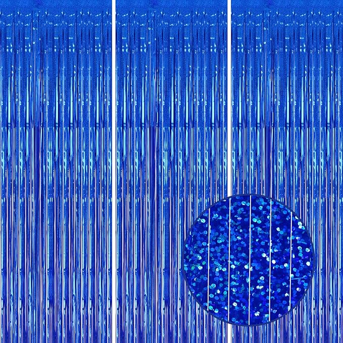 3 Pack Foil Fringe Backdrop - Laser Royal Blue Shiny Tinsel Curtains for Party Decoration/Photo Booth Props - 3.3x8.2 FT Metallic Foil Backdrop for Birthday, Wedding, Graduation, Christmas
