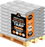 Heavy Duty Poly Tarp 12' x 25' - Bulk Full Pallet (126 Pack) Thick Waterproof, UV Blocking Protective Cover - Reversible Silver & Black - 10 Mil Thick Polyethylene - by Xpose Safety