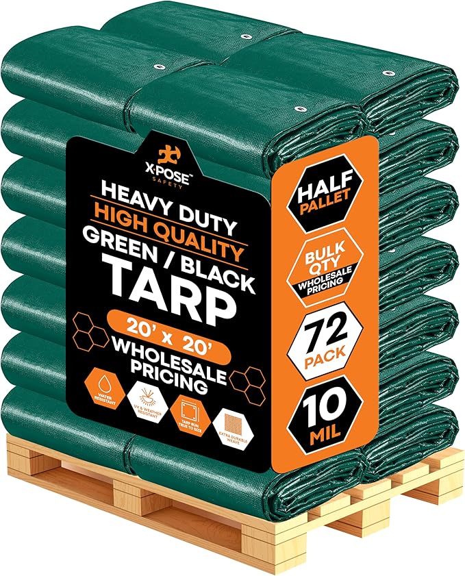 Heavy Duty Poly Tarp 20' x 20' - Bulk Half Pallet (72 Pack) Thick Waterproof, UV Blocking Protective Cover - Reversible Green & Black - 10 Mil Thick Polyethylene - by Xpose Safety