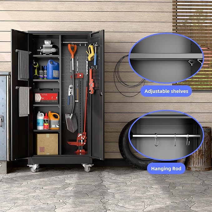Garage Storage Cabinet with Wheels and 5 Pegboard, Broom Closet Storage Cabinet with Hanging Rod and 13 Hooks, Metal Cabinets with Locking Doors and 4 Shelves, 61.7"H x 27.6"W x 13.8"D,Black