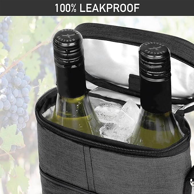 opux 2 Bottle Wine Carrier Tote, Insulated Leakproof Wine Cooler Bag, Wine Travel Bag for Picnic BYOB Beach, Portable Wine Bottle Carrying Case, Gift for Wine Lover Women Men Christmas, Charcoal Grey