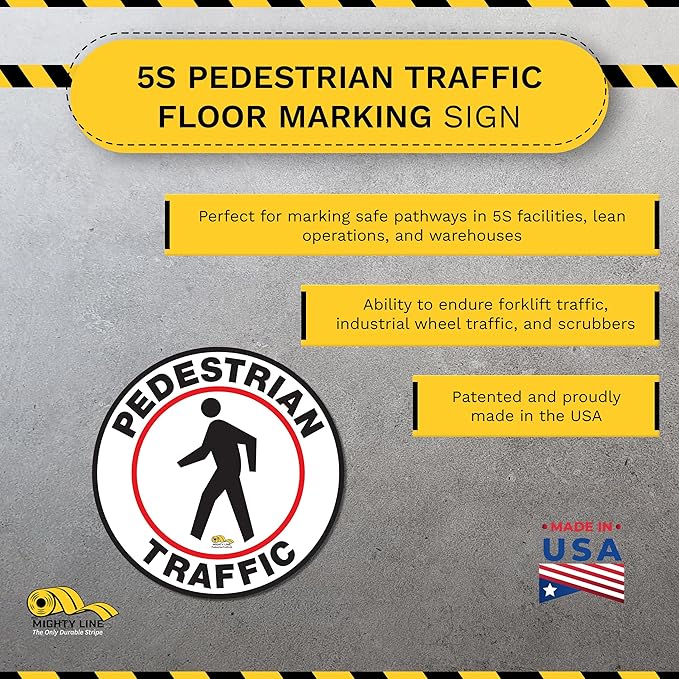Mighty Line Pedestrian Traffic Crossing Walkway Floor Sign for Safety, Caution, Warning, Heavy-Duty, Peel and Stick, Adhesive, Industrial Quality, 12"