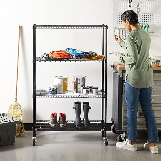 Amazon Basics 4-Shelf Adjustable, Heavy Duty Storage Shelving Unit on 3'' Wheel Casters, Metal Organizer Wire Rack, 36" L x 14" W x 57.75" H, Black