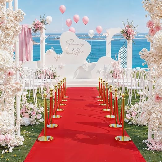 12Pcs Stainless Steel Stanchion Posts with 5ft Red Velvet Ropes - Crowd Control Barriers & Queue Line Kit with 26ft Red Carpet for Wedding, Party, Theater Supplies