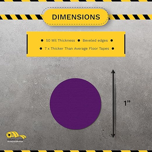 Mighty Line 1" Solid Dot Shaped Floor Marking Tape for Safety, Caution, Warning, Heavy-Duty, Peel and Stick, Adhesive Circle Spots, Industrial Quality, Purple, Pack of 200
