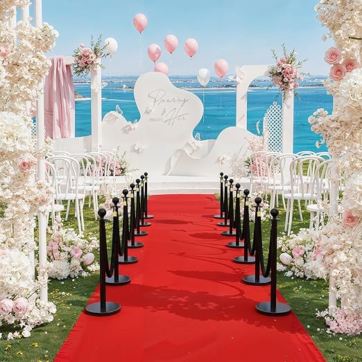 12Pcs Stainless Steel Stanchion Posts with 5ft Red Velvet Ropes - Crowd Control Barriers & Queue Line Kit with 26ft Red Carpet for Wedding, Party, Theater Supplies