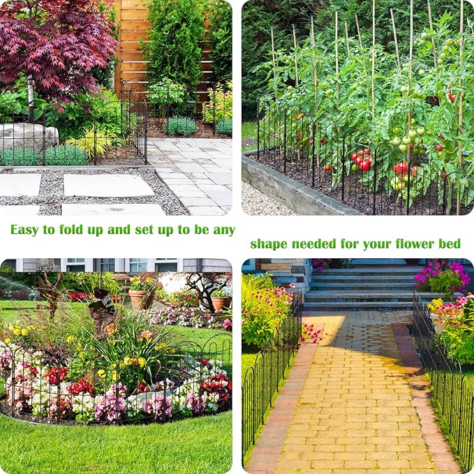 Decorative Garden Fence Outdoor 24in x 10ft Coated Metal RustProof Landscape Wrought Iron Wire Border Folding Patio Fences Flower Bed Fencing Animal Barrier Section Panels Decor