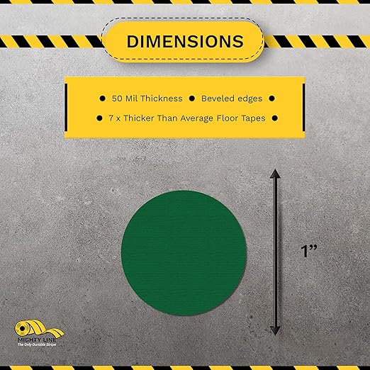 Mighty Line 1" Solid Dot Shaped Floor Marking Tape for Safety, Caution, Warning, Heavy-Duty, Peel and Stick, Adhesive Circle Spots, Industrial Quality, Green, Pack of 200