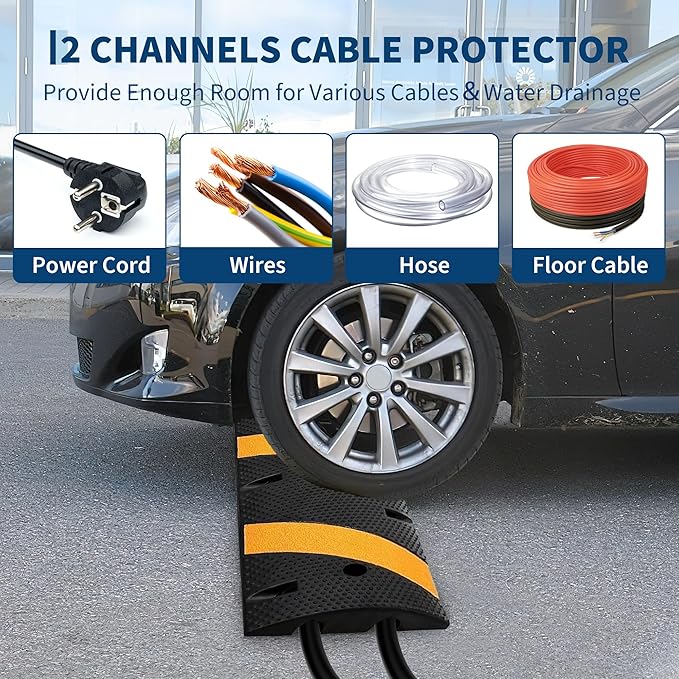 3 Pack 6FT Speed Bumps for Road, Heavy Duty 25,000 Lbs Capacity Traffic Rubber Speed Humps with 2 Channel Floor Cord Cover for Asphalt Concrete Gravel Cable Protector Ramp